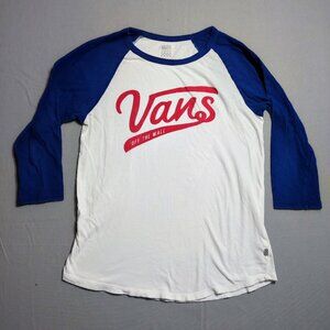 Vans baseball style 3/4 long sleeve T-shirt boys M white blue with red logo